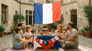 Scène familiale festive autour du 14 juillet dans une cour historique, avec un drapeau français et une petite table décorée aux couleurs bleu blanc rouge, ambiance chaleureuse en lumière dorée.