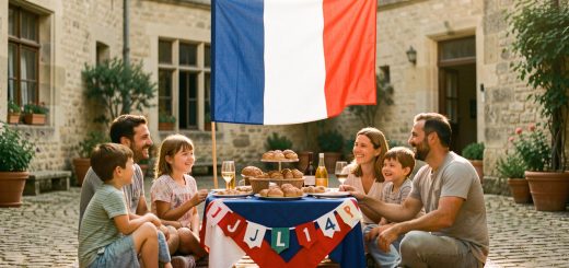 Scène familiale festive autour du 14 juillet dans une cour historique, avec un drapeau français et une petite table décorée aux couleurs bleu blanc rouge, ambiance chaleureuse en lumière dorée.