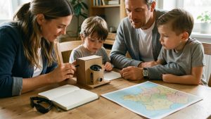 Une mère, un père et un jeune enfant préparent sur une table familiale un kit d’observation d’une éclipse solaire avec un carton à sténopé, des lunettes d’éclipse, un carnet aux pages vierges et une carte de France sans inscription.