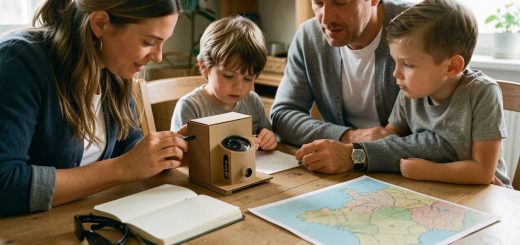 Une mère, un père et un jeune enfant préparent sur une table familiale un kit d’observation d’une éclipse solaire avec un carton à sténopé, des lunettes d’éclipse, un carnet aux pages vierges et une carte de France sans inscription.