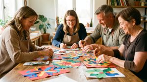 Trois résidents, deux femmes et un homme, réalisent ensemble des collages colorés autour d’une grande table dans un atelier lumineux et bienveillant.