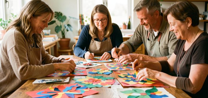 Trois résidents, deux femmes et un homme, réalisent ensemble des collages colorés autour d’une grande table dans un atelier lumineux et bienveillant.