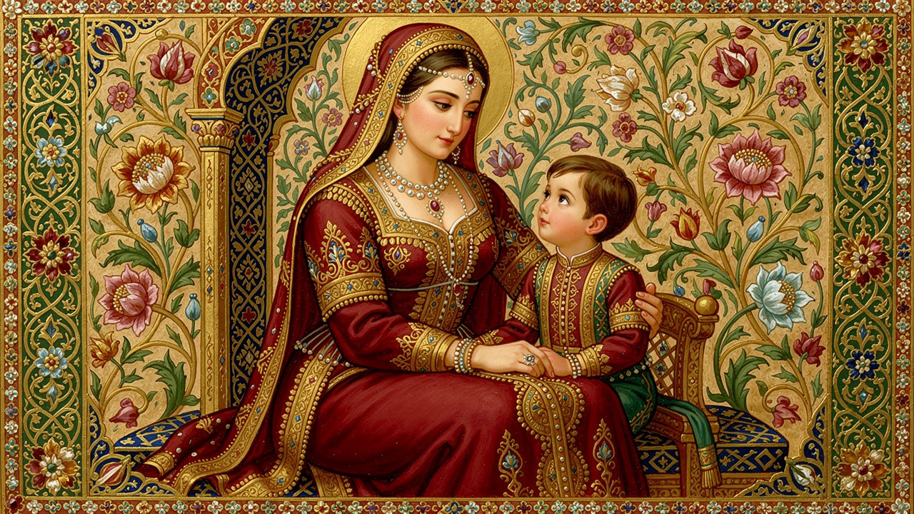 Gros plan d’une illustration persane ornée représentant une sultane assise auprès d’un jeune garçon, vêtus d’étoffes rouges et dorées au milieu de motifs floraux orientaux.