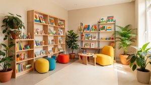 Espace de vie médico-social lumineux avec un coin lecture, des créations artistiques colorées, des plantes vertes et du mobilier accessible.