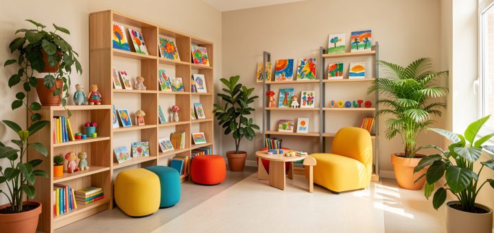 Espace de vie médico-social lumineux avec un coin lecture, des créations artistiques colorées, des plantes vertes et du mobilier accessible.