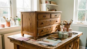 Atelier lumineux de surcyclage avec une vieille commode en bois nettoyée sur un établi, entourée de pinceaux, de papier abrasif et de pots de peinture.
