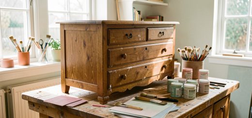 Atelier lumineux de surcyclage avec une vieille commode en bois nettoyée sur un établi, entourée de pinceaux, de papier abrasif et de pots de peinture.