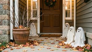 Entrée de maison décorée pour Halloween avec branches mortes, feuilles d’automne, fantômes en vieux draps et lumière douce.