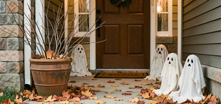 Entrée de maison décorée pour Halloween avec branches mortes, feuilles d’automne, fantômes en vieux draps et lumière douce.