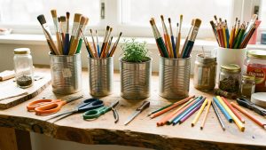 Établi lumineux en bois brut avec cinq boîtes de conserve recyclées utilisées comme pots à pinceaux, cache-pot et rangements, entourées d’outils créatifs.