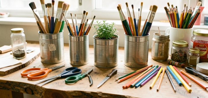 Établi lumineux en bois brut avec cinq boîtes de conserve recyclées utilisées comme pots à pinceaux, cache-pot et rangements, entourées d’outils créatifs.