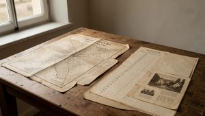 Composition historique sobre évoquant Oradour-sur-Glane en 1944, avec une carte ancienne non annotée du Limousin, une frise chronologique vierge et des documents d’archives disposés sur une table en bois dans des tons sépia.