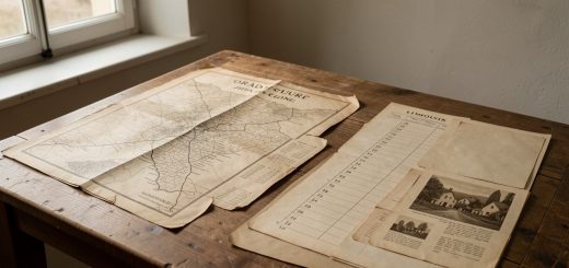 Composition historique sobre évoquant Oradour-sur-Glane en 1944, avec une carte ancienne non annotée du Limousin, une frise chronologique vierge et des documents d’archives disposés sur une table en bois dans des tons sépia.