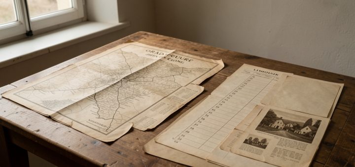 Composition historique sobre évoquant Oradour-sur-Glane en 1944, avec une carte ancienne non annotée du Limousin, une frise chronologique vierge et des documents d’archives disposés sur une table en bois dans des tons sépia.