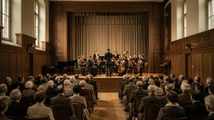 Salle de concert allemande des années 1930, avec un orchestre symphonique sur scène et un public attentif vêtu de costumes d’époque, dans une ambiance documentaire sobre.