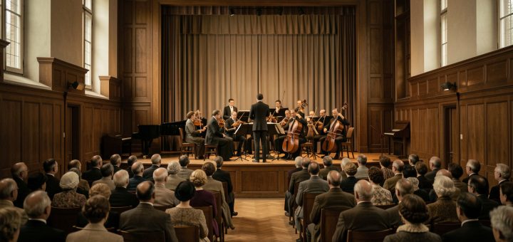 Salle de concert allemande des années 1930, avec un orchestre symphonique sur scène et un public attentif vêtu de costumes d’époque, dans une ambiance documentaire sobre.