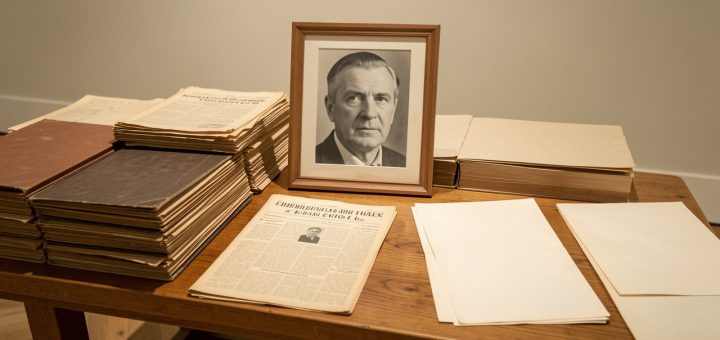 Table de musée présentant des dossiers d’archives anciennes, un portrait judiciaire masculin en noir et blanc, des feuilles de presse d’après-guerre et des documents d’enquête sous une lumière douce.