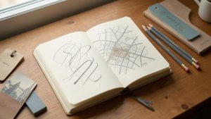 Carnet de lecture ouvert sur un bureau en bois, avec des pages couvertes de traits manuscrits abstraits, une carte esquissée inspirée de Paris, des crayons et des marque-pages dans une ambiance littéraire douce.