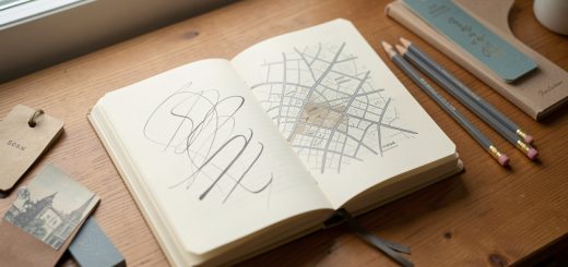 Carnet de lecture ouvert sur un bureau en bois, avec des pages couvertes de traits manuscrits abstraits, une carte esquissée inspirée de Paris, des crayons et des marque-pages dans une ambiance littéraire douce.