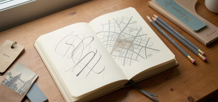 Carnet de lecture ouvert sur un bureau en bois, avec des pages couvertes de traits manuscrits abstraits, une carte esquissée inspirée de Paris, des crayons et des marque-pages dans une ambiance littéraire douce.