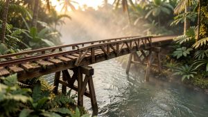 Diorama réaliste d’un pont ferroviaire en bois traversant une rivière tropicale, entouré d’une jungle dense et éclairé par une lumière cinématographique.