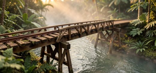 Diorama réaliste d’un pont ferroviaire en bois traversant une rivière tropicale, entouré d’une jungle dense et éclairé par une lumière cinématographique.