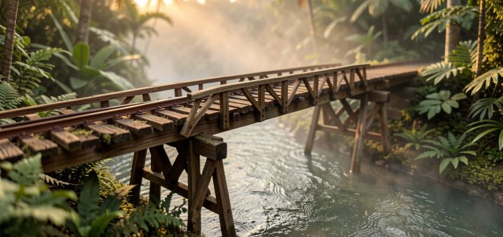 Diorama réaliste d’un pont ferroviaire en bois traversant une rivière tropicale, entouré d’une jungle dense et éclairé par une lumière cinématographique.