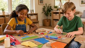 Une fille et un garçon créent joyeusement un collage en carton recyclé autour d’une table familiale lumineuse, entourés de feuilles colorées, de feutres et de rouleaux de papier.