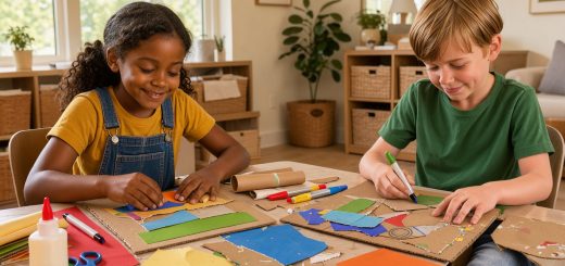 Une fille et un garçon créent joyeusement un collage en carton recyclé autour d’une table familiale lumineuse, entourés de feuilles colorées, de feutres et de rouleaux de papier.