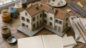 Table européenne de loisirs créatifs présentant une maquette, des peintures, des pinceaux, un carnet vierge et des étiquettes vierges dans une ambiance documentaire.