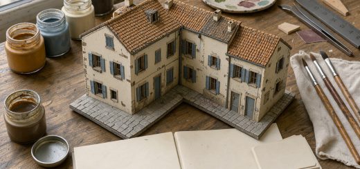 Table européenne de loisirs créatifs présentant une maquette, des peintures, des pinceaux, un carnet vierge et des étiquettes vierges dans une ambiance documentaire.