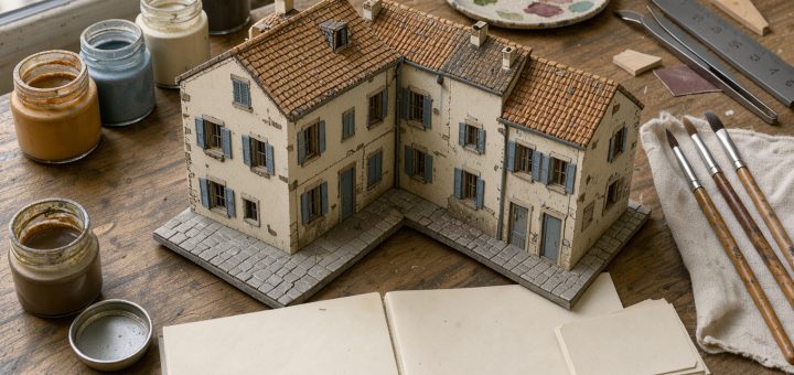 Table européenne de loisirs créatifs présentant une maquette, des peintures, des pinceaux, un carnet vierge et des étiquettes vierges dans une ambiance documentaire.